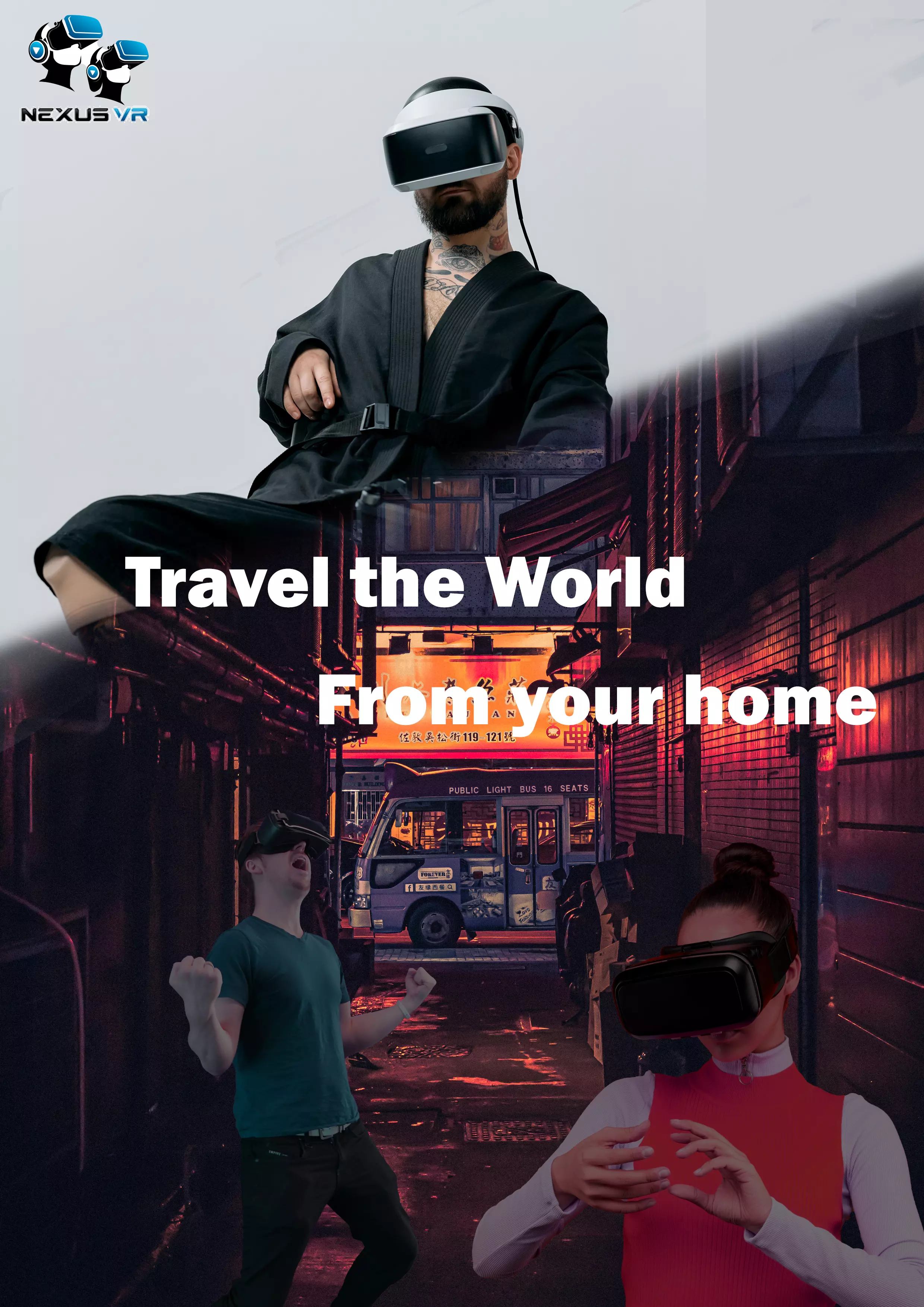 person sitting in a chair with a vr headset on and other people standing in with vr headsets on